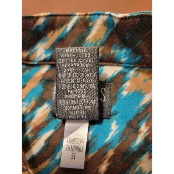 Chico's Additions Brown Teal Abstract Stretch Button Front Top Size 3 = XL (16) - Picture 9 of 11